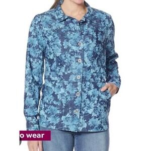 D2 Diane Gilman 1X Blue Floral Print Denim Button Up Jacket missing button